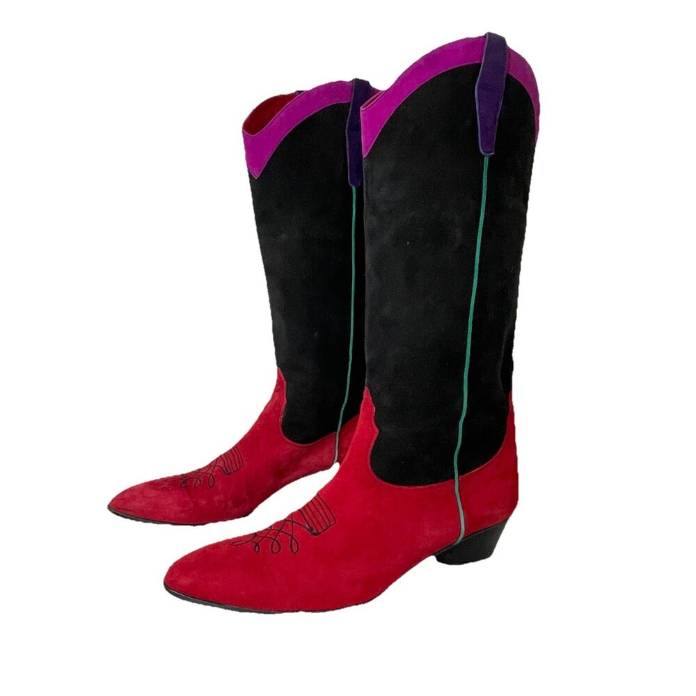 VTG Anne Klein Couture Multicolor Suede Cowboy Boots Made Italy Designer Sz 9